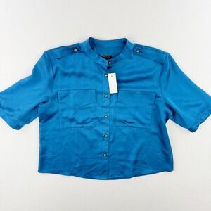 Ann Taylor Womens Silky Button Blouse Size M Womens 3/4 Sleeve Teal Blue New NWT